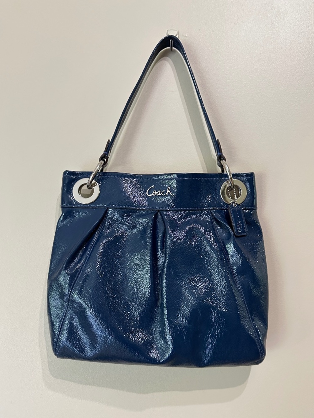 Coach Ashley Blue Navy Patented Leather Snap Top Purple Lined Handbag with Strap